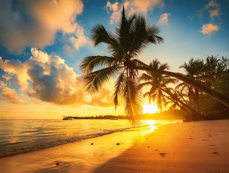 A beach with palm trees and the sun setting.